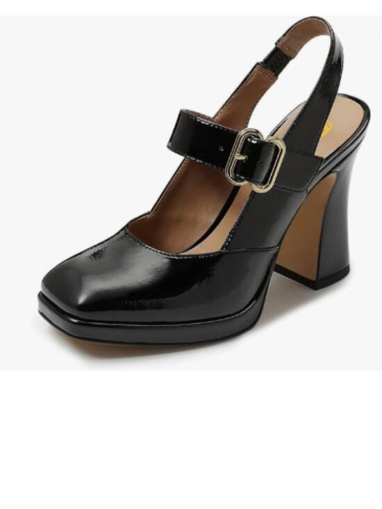 FYS Shoes - FYS Black Platform Square Toe Pumps Chunky High Heel Mary Janes Slingback Shoes